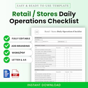 Op de afbeelding: Een wit en groen checklist sjabloon getiteld "Retail / Stores Daily Operations Checklist". De sjabloon bevat secties voor openings- en middagtaken, met selectievakjes voor voltooiing. Het ontwerp bevat de tekst "FULLY EDITABLE", "ADD BRANDING", "WORD/PDF" en "LETTER & A4".