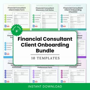 May include: A collection of 10 financial consultant templates, including client intake forms, call notes, checklists, and worksheets. The templates are fully editable and available for instant download in Word/PDF format. The design features a green and white colour scheme.