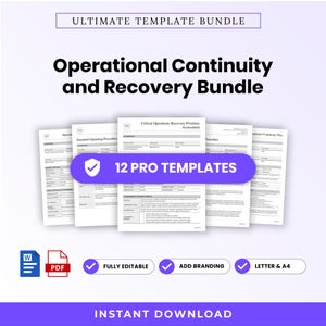 Puede incluir: Un paquete digital con el texto ULTIMATE TEMPLATE BUNDLE y Operational Continuity and Recovery Bundle. La imagen muestra 12 PRO TEMPLATES con un icono de escudo, iconos de archivos Word y PDF, y etiquetas para Fully Editable, Add Branding, Letter & A4 e Instant Download.