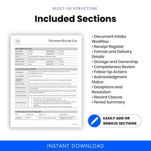 Included sections image for the Document Receipt Log showing the intake workflow, receipt register, delivery details, storage and ownership, completeness review, follow-up, acknowledgment, exceptions, closure, and period summary.
