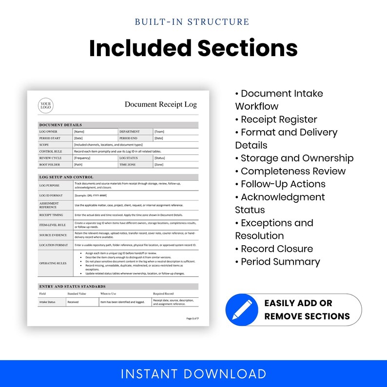 Included sections image for the Document Receipt Log showing the intake workflow, receipt register, delivery details, storage and ownership, completeness review, follow-up, acknowledgment, exceptions, closure, and period summary.