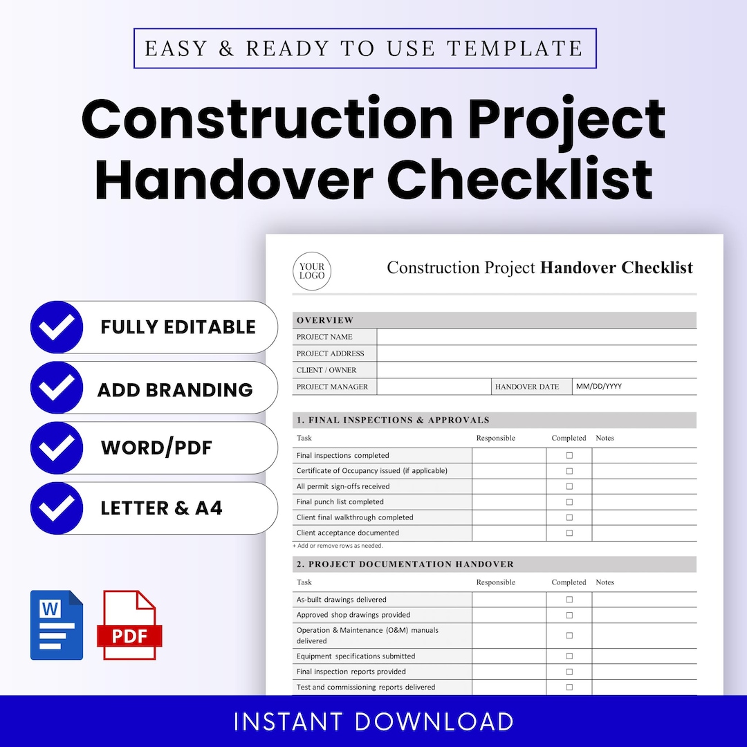 Construction Project Handover Checklist Template – Word & PDF, A4 + US ...