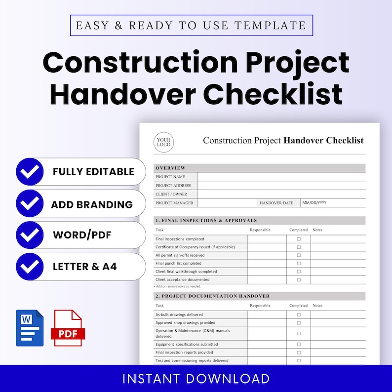 Construction Project Handover Checklist Template – Word & PDF, A4 + US ...