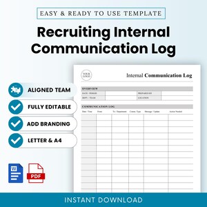 Pode incluir: Um modelo digital para um registo de comunicação interna de recrutamento com uma tabela que inclui colunas para data, hora, remetente, destinatário, tipo de comunicação, mensagem e ação necessária. Inclui ícones de Word e PDF.