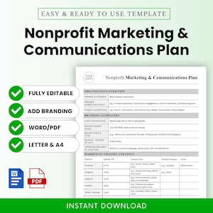 Op de afbeelding: Een digitale sjabloon voor een marketing- en communicatieplan voor non-profitorganisaties. Het document bevat secties voor organisatieoverzicht, merkrichtlijnen en marketingkanaalstrategie. De sjabloon is volledig bewerkbaar en beschikbaar in Word/PDF-formaten.