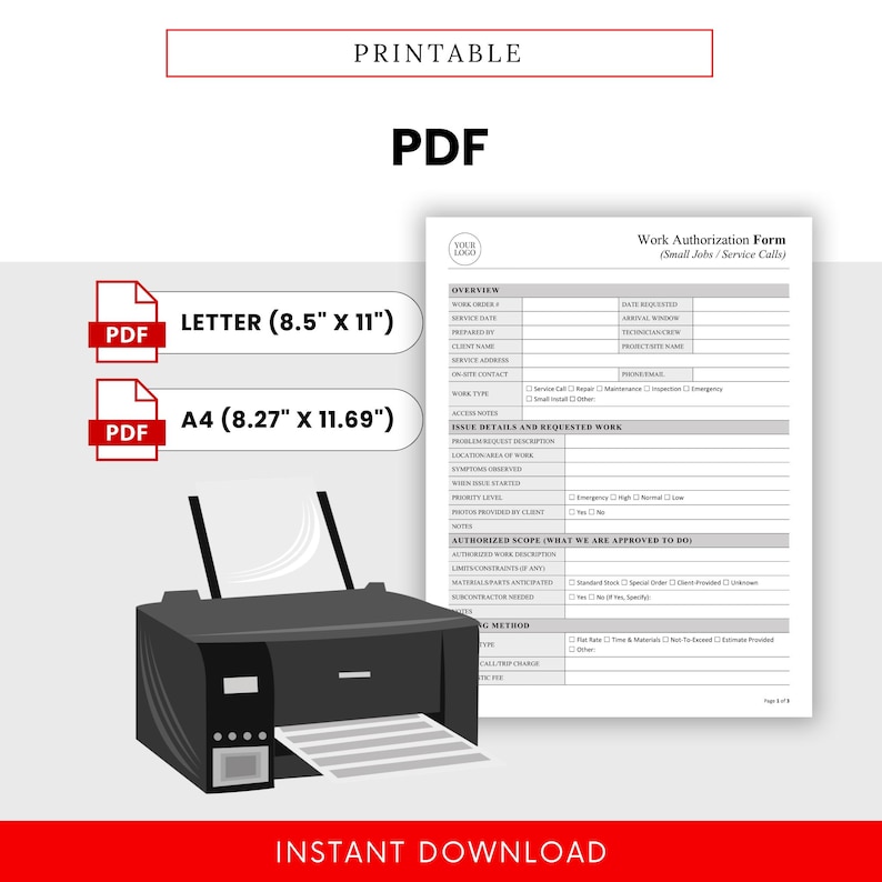 Work Authorization Form Template (small Jobs and Service Calls) – Word ...