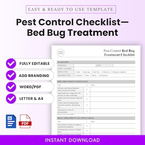 May include: A printable pest control checklist for bed bug treatment. The document includes sections for pre-treatment inspection, heat treatment, and an overview. Features include fully editable templates, branding options, and Word/PDF formats.