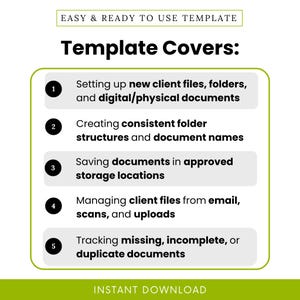Simple Bookkeeping Client File Setup & Document Organization SOP Template showing a clear process for setting up client folders, organizing digital and physical documents, using consistent folder names, saving files in approved locations, and tracking missing or duplicate paperwork. This bookkeeping business template helps keep client records organized for monthly bookkeeping, cleanup projects, catch-up work, and year-end preparation.
