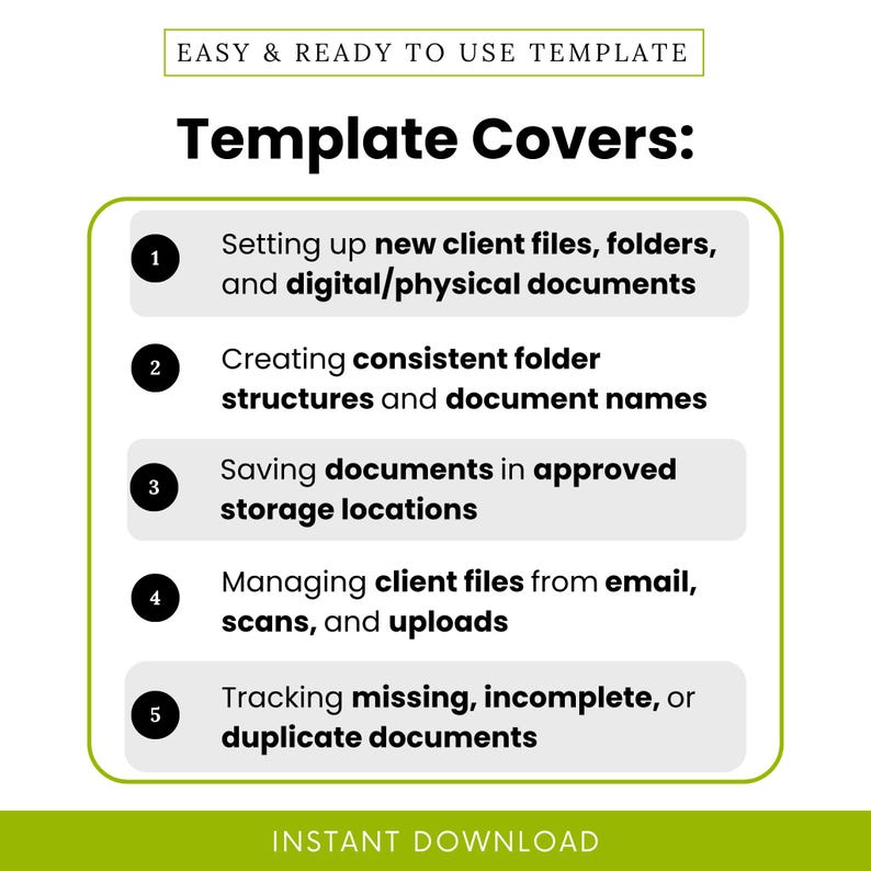 Simple Bookkeeping Client File Setup & Document Organization SOP Template showing a clear process for setting up client folders, organizing digital and physical documents, using consistent folder names, saving files in approved locations, and tracking missing or duplicate paperwork. This bookkeeping business template helps keep client records organized for monthly bookkeeping, cleanup projects, catch-up work, and year-end preparation.