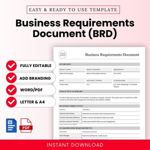 Simple Business Requirements Document (Word, PDF) | BRD Template, Editable Word, Printable PDF, Project Scope & Functional Specs, Letter, A4