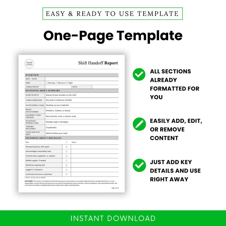 Hand Off Shift Report Examples Simple Shift Handoff Report Template - Word & PDF, A4 + US Letter - Etsy