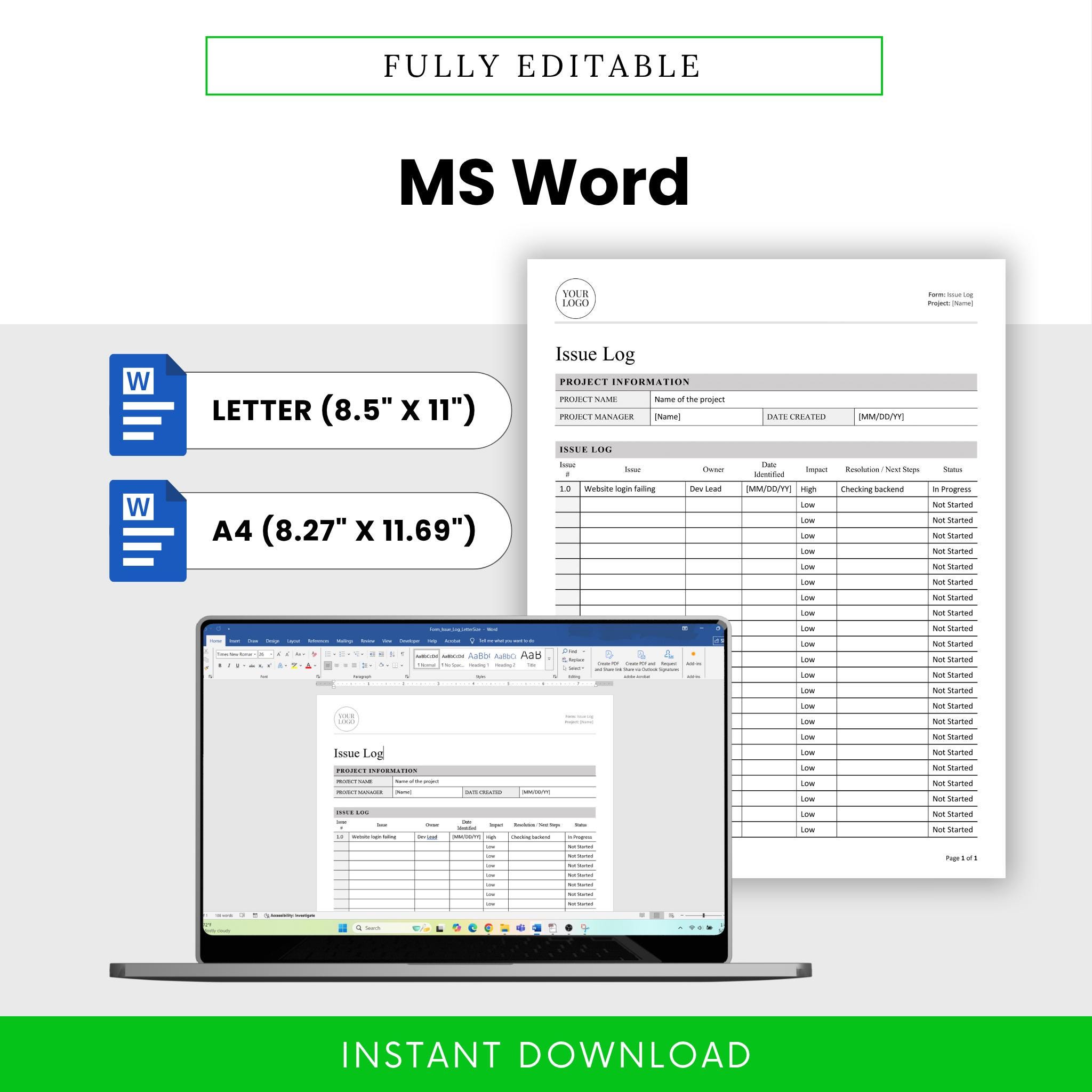 Simple Project Issue Log Template (word, PDF) | Project Decision Log ...