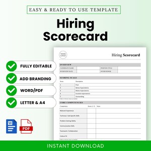 May include: A white Hiring Scorecard template with the text "Hiring Scorecard" in large black letters. The template includes sections for candidate information, scoring scales, and core competencies. Additional text includes "Fully Editable," "Add Branding," "Word/PDF," and "Letter & A4."
