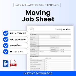 Pode incluir: Um modelo de Folha de Trabalho de Mudança branco com texto preto, incluindo campos para detalhes do trabalho, detalhes do serviço e uma lista de verificação. A folha é rotulada como "Moving Job Sheet" e inclui o texto "Easy & Ready to Use Template" e "Instant Download."