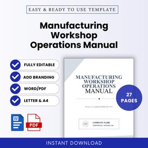 May include: A digital template for a Manufacturing Workshop Operations Manual. The document cover features the title, a placeholder for a company name, and a blue circle indicating 27 pages. Icons for Word and PDF formats are included.