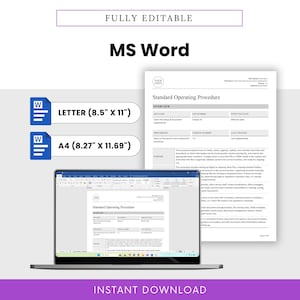Virtual Assistant Client File Setup & Document Organization SOP Template Word version shown in Microsoft Word with editable Letter and A4 document sizes. This editable virtual assistant business template helps VAs customize client file procedures, add branding, update responsibilities, and create a professional document storage workflow for client work.