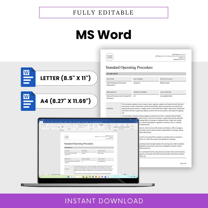 Virtual Assistant Client File Setup & Document Organization SOP Template Word version shown in Microsoft Word with editable Letter and A4 document sizes. This editable virtual assistant business template helps VAs customize client file procedures, add branding, update responsibilities, and create a professional document storage workflow for client work.