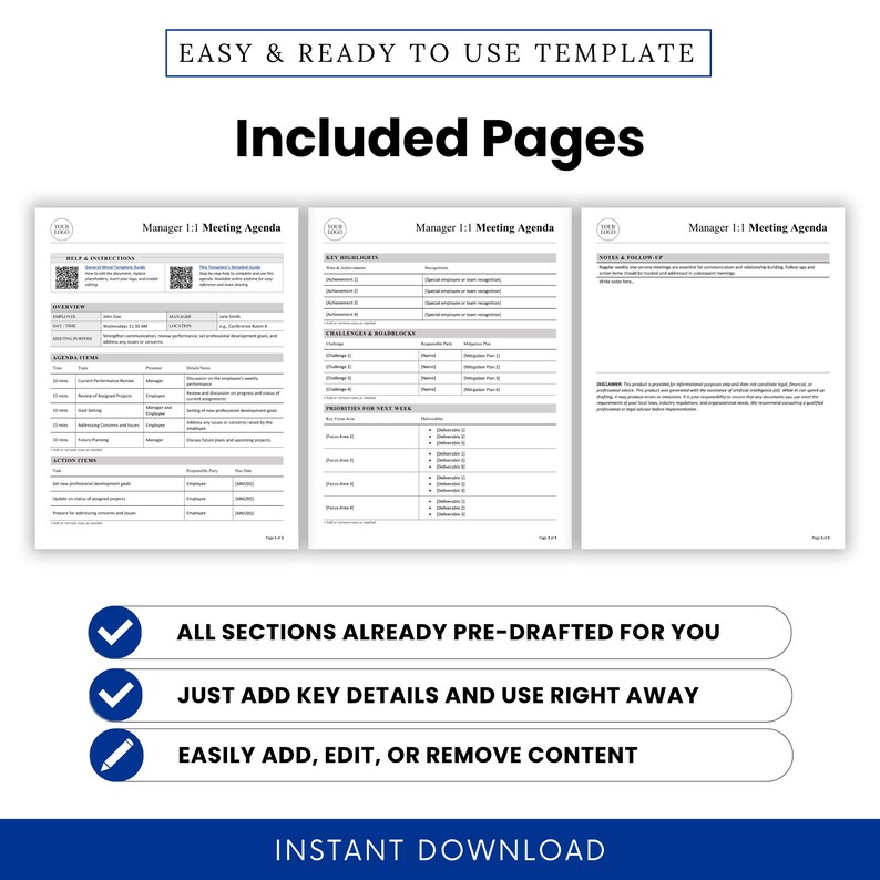 Side-by-side preview of both template pages showcasing editable agenda structure, key highlights, challenges, and planning sections for streamlined weekly meetings.