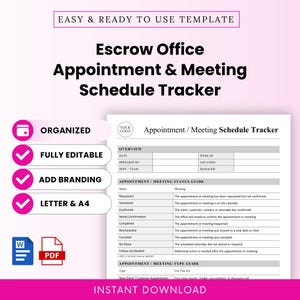 May include: An Escrow Office Appointment & Meeting Schedule Tracker template featuring a white document with black text, including an overview section, status guide, and type guide. The design includes pink circular icons with white checkmarks.