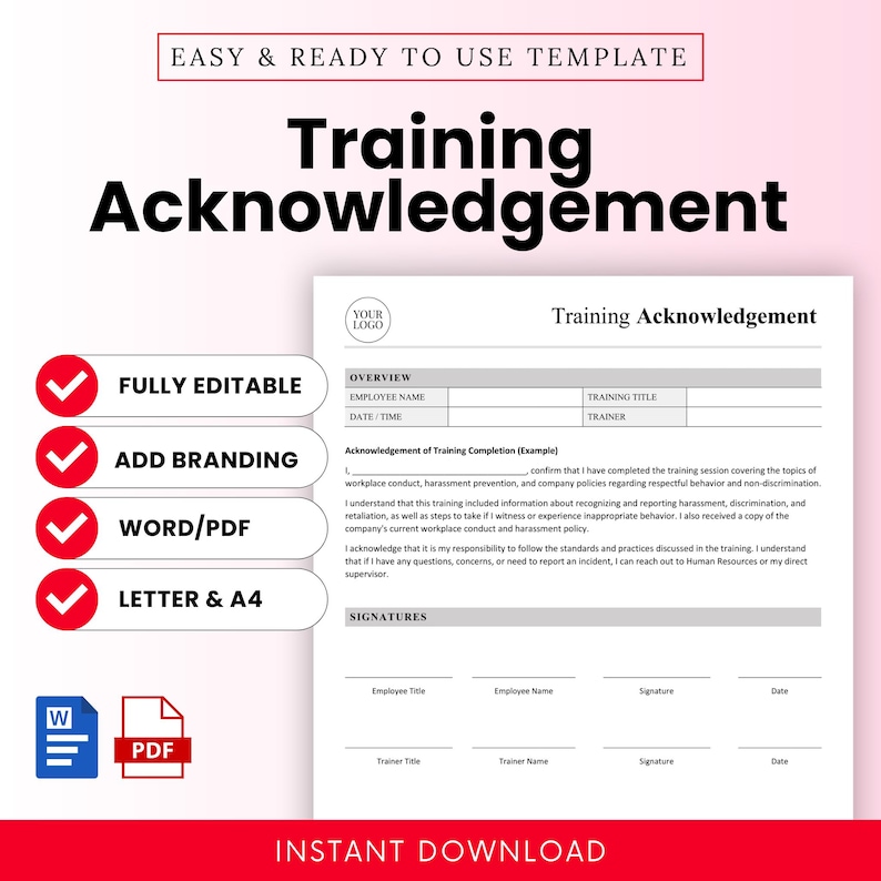 Training Acknowledgement Form (word, PDF) | Simple Training ...
