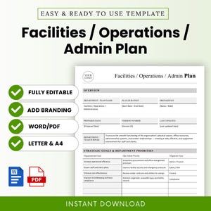 Peut inclure: Un modèle de plan d'administration des installations/opérations imprimable. Le document comprend des sections pour la vue d'ensemble, les objectifs stratégiques et les priorités du département. Modifiable, ajout de marque et formats Word/PDF. Téléchargement instantané.