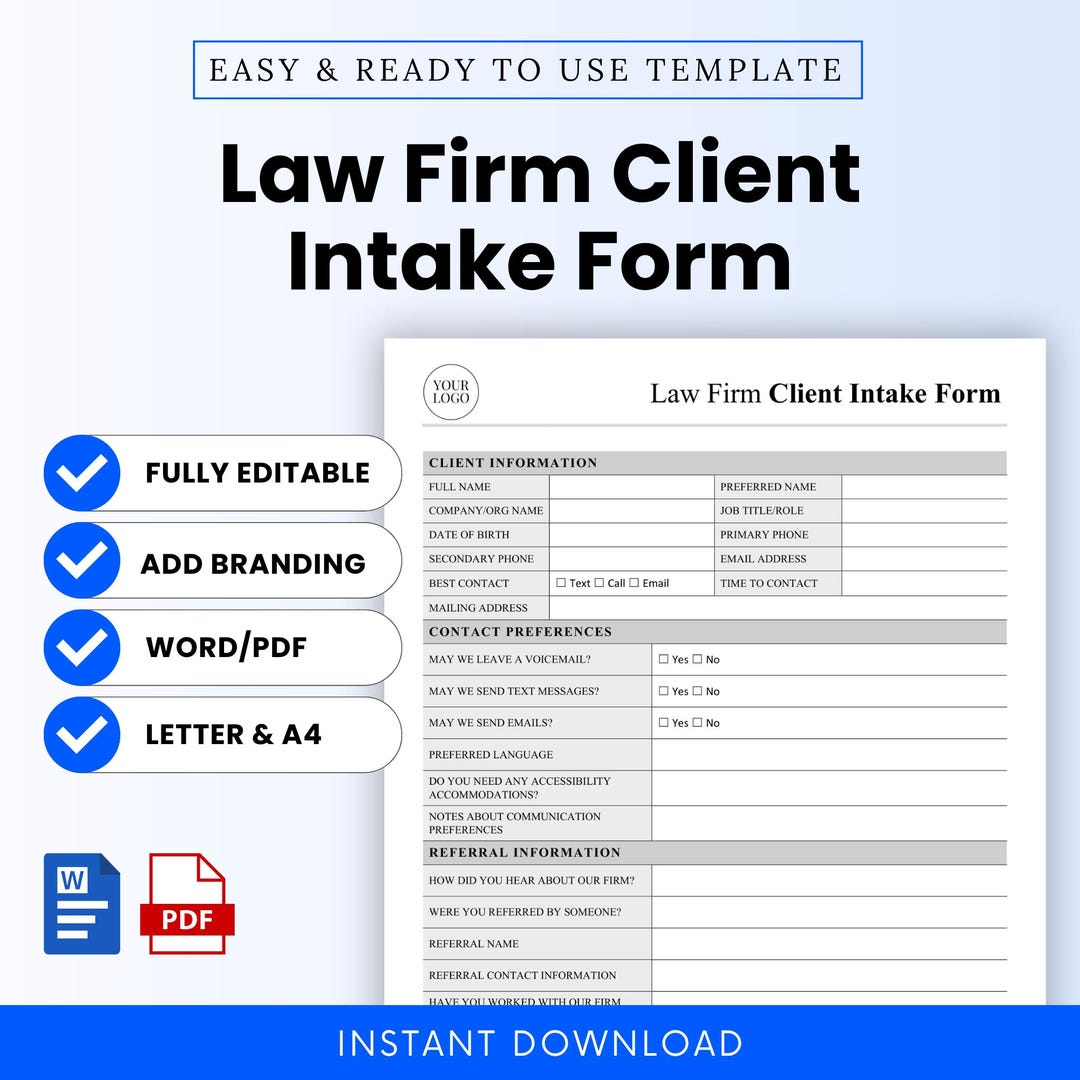 Law Firm Client Intake Form Template – Word & PDF, A4 + US Letter - Etsy