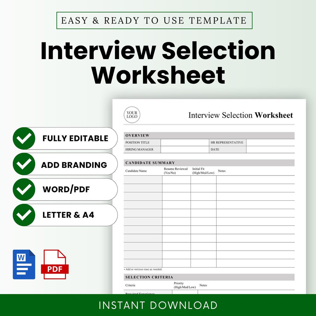 Interview Selection Worksheet Template – Word & PDF, A4 + US Letter - Etsy