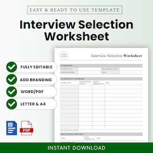Könnte beinhalten: Eine weiße Vorlage für ein Interview-Auswahl-Arbeitsblatt mit dem Text "Interview Selection Worksheet" in fetter schwarzer Schrift. Die Vorlage enthält Abschnitte für Kandidatenzusammenfassungen und Auswahlkriterien. Das Bild enthält auch den Text "FULLY EDITABLE", "ADD BRANDING", "WORD/PDF" und "LETTER & A4".