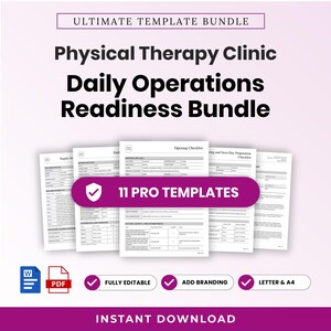 May include: A digital bundle of 11 professional templates for physical therapy clinic daily operations. The documents include checklists and trackers for supply inventory and opening procedures, available in Word and PDF formats for letter and A4 sizes.
