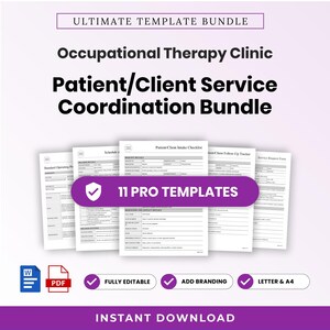 May include: A digital bundle of 11 professional templates for an occupational therapy clinic, including patient intake checklists, service request forms, and follow-up trackers. The documents are available in Word and PDF formats for A4 and letter sizes.