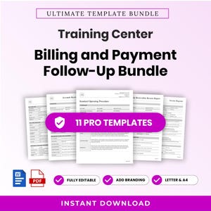 Può includere: Un set di documenti digitali intitolato Ultimate Template Bundle, Training Center Billing and Payment Follow-Up Bundle, contenente 11 modelli pro. Include icone Word e PDF, oltre a etichette per modificabile, aggiunta branding e formato A4.