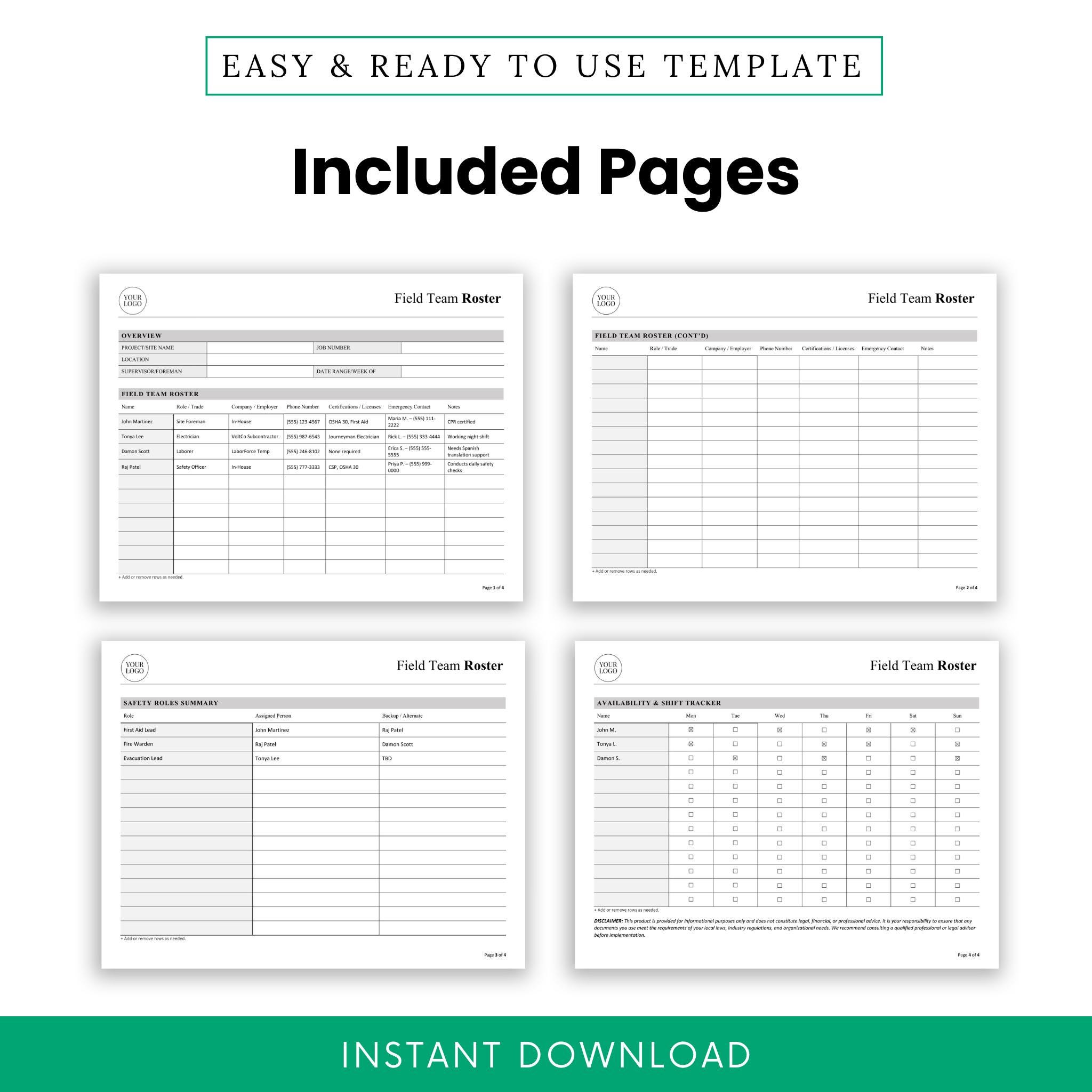 Simple Field Team Roster Template – Word & PDF, A4 + US Letter - Etsy