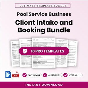 May include: A digital document bundle titled Ultimate Template Bundle for Pool Service Business Client Intake and Booking. It includes 10 pro templates in Word and PDF formats, featuring fields for property information, service requests, and booking confirmations.