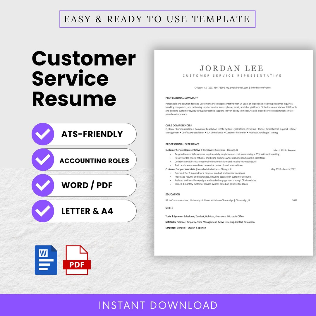Customer Service Resume Template (word, PDF) | Ats-friendly Resume ...