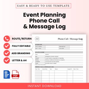 Event Planning Phone Call and Message Log Template – Word & PDF, A4 + US Letter