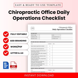 Könnte beinhalten: Eine weiße und rote Vorlage mit dem Titel "Chiropractic Office Daily Operations Checklist". Die Checkliste enthält Abschnitte für Übersicht, Tagesbeginn und Aufgaben am Empfang. Zu den Funktionen gehören "Vollständig bearbeitbar", "Branding hinzufügen" und "Word/PDF".