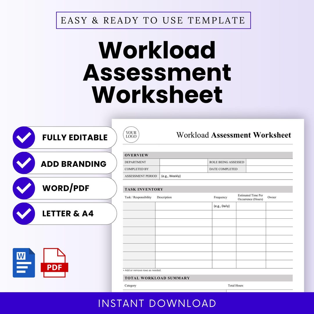 Workload Assessment Worksheet Template – Word & PDF, A4 + US Letter - Etsy