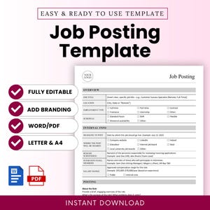 May include: A white and grey job posting template with the text "Job Posting Template". The template includes sections for job title, location, employment type, and salary range. Features include "Fully Editable", "Add Branding", and "Word/PDF".