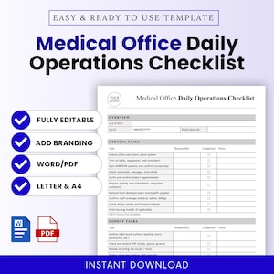 Könnte beinhalten: Eine druckbare Checkliste für den täglichen Betrieb einer Arztpraxis. Das Dokument enthält Abschnitte für Eröffnungsaufgaben, Mittagsaufgaben und eine Übersicht. Das Design ist in Schwarzweiß mit blauen Akzenten und ist vollständig in Word/PDF bearbeitbar.
