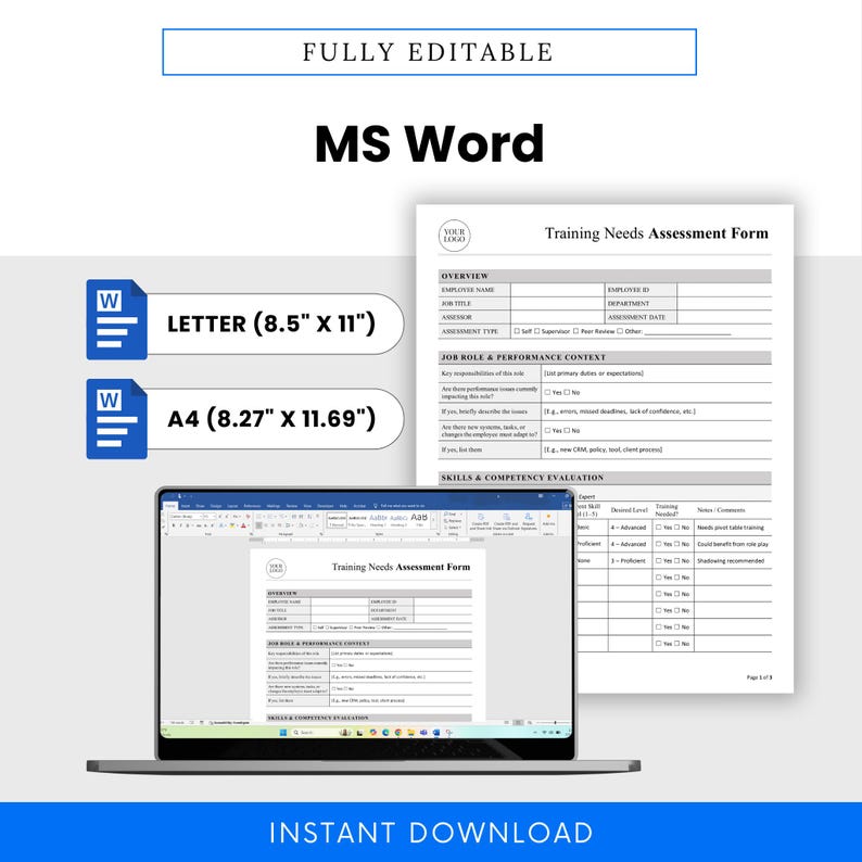 Employee Training Needs Assessment Form Template – Word & PDF, A4 + US ...