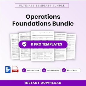 Può includere: Un set di documenti digitali intitolato Ultimate Template Bundle e Operations Foundations Bundle, contenente 11 modelli professionali con un'icona a scudo. Include icone Word e PDF, oltre a etichette per modificabile, branding e formato A4.
