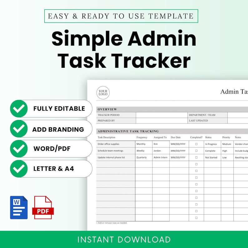 Minimalist listing cover for a Simple Admin Task Tracker template. Features bold black title, green checkmark icons for editable, brandable, and Word/PDF format features. Includes a preview of the tracker table and emphasizes instant download availability.