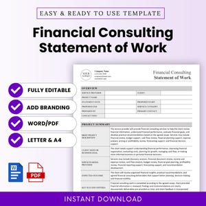 May include: A digital template for a Financial Consulting Statement of Work document. The layout includes sections for project overview, summary, client goals, services, outcomes, and success criteria. Features purple checkmark icons.