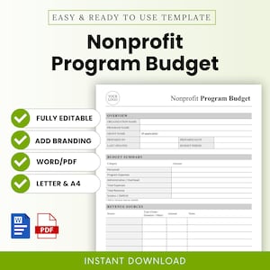 May include: A white and grey "Nonprofit Program Budget" template with the text "Easy & Ready to Use Template" at the top. Features include "Fully Editable," "Add Branding," "Word/PDF," and "Letter & A4."