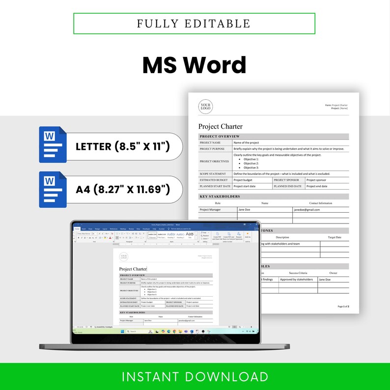 Simple Project Charter Template (word, PDF) | Project Management ...