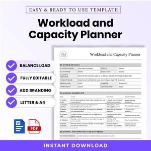 May include: A digital workload and capacity planner template featuring sections for planner details, planning workflow, and planning assumptions. The document includes text fields for planning period, owner, and objectives, with Word and PDF icons.