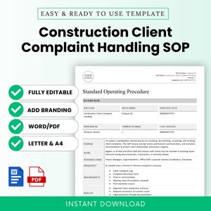 Op de afbeelding: Een digitale sjabloon voor een Standard Operating Procedure (SOP) voor het afhandelen van klachten van bouwklanten. Volledig bewerkbaar, merkbaar en beschikbaar in Word/PDF-formaten. Direct downloaden.