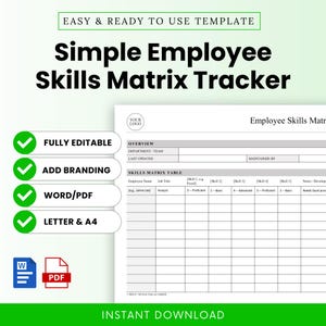 Op de afbeelding: Een wit en grijs sjabloon voor een vaardigheidsmatrix voor werknemers met de tekst "Simple Employee Skills Matrix Tracker". Inclusief "Volledig bewerkbaar", "Merk toevoegen" en "Word/PDF". Direct downloaden.