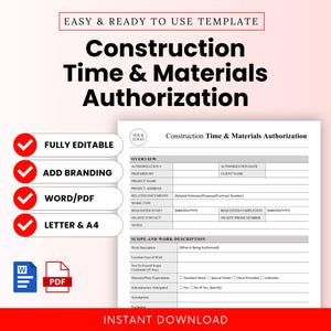 Construction Time and Materials Authorization Template – Word & PDF, A4 + US Letter