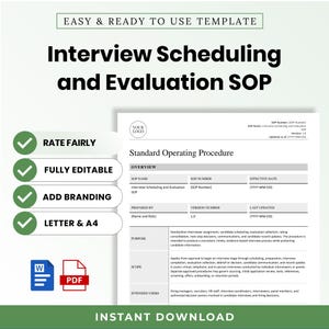 May include: A digital template for an Interview Scheduling and Evaluation SOP document. The layout includes sections for overview, purpose, scope, and intended users. Features include green checkmark icons, Word and PDF file icons, and text.